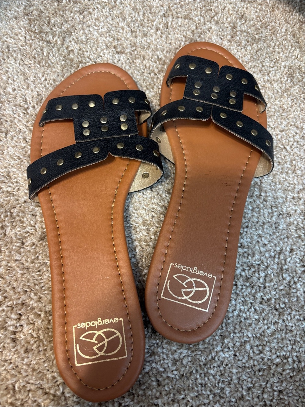 Everycide Black Studded Slide Sandals with Tan Footbed